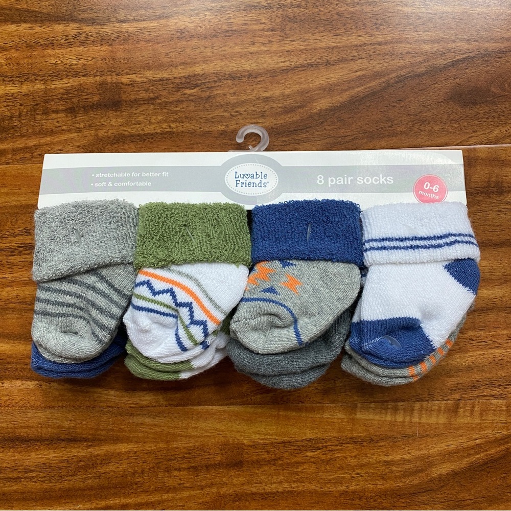 3/$25 NWT New Luvable Friends Gray Green Cotton Set of 8 Pairs Socks Size 0-6M